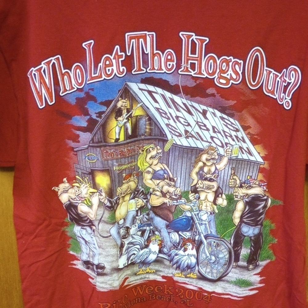 Vintage Daytona Beach Bike Week 2004 Red Motorcycle Shirt, Who Let the Hogs Out?